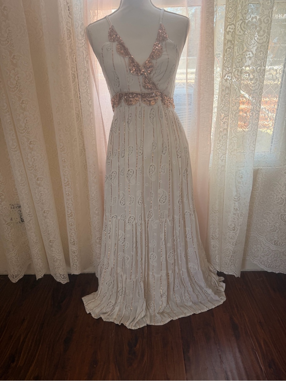 Ivory Maxi Dress with Rose Gold Sequin Trim
